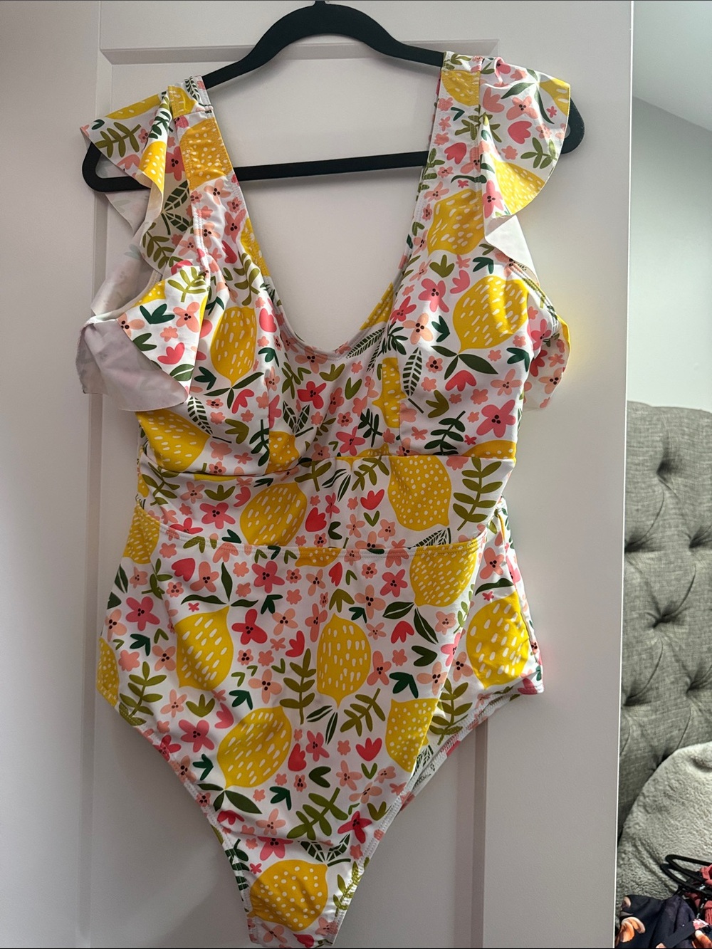 Chic Soul Yellow Lemon Print Ruffle One-Piece Swimsuit